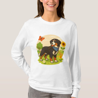 Cute Bernese Mountain Dog with Sunflower & Butterf T-Shirt
