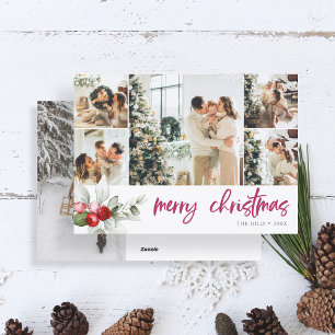 Cute Berry 7 Photo Collage Handwritten Script Holiday Card