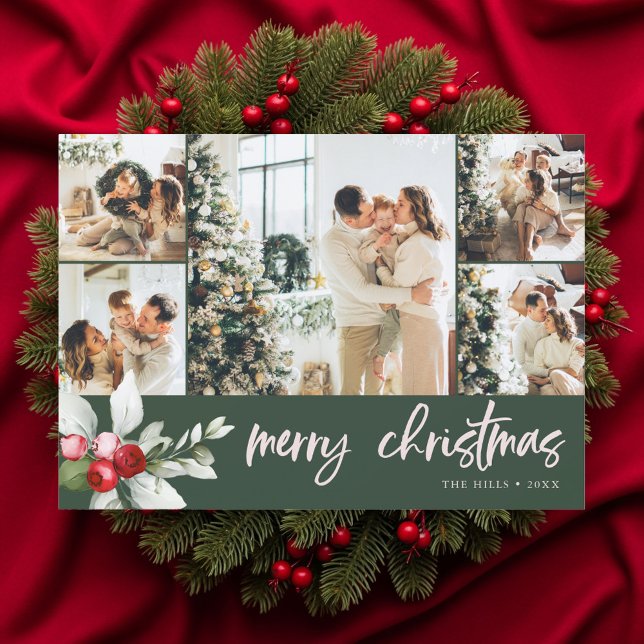 Cute Berry  7 Photo Collage Handwritten Script Holiday Card (Creator Uploaded)