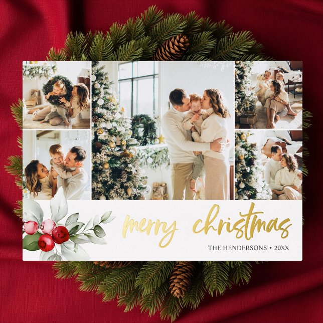 Cute Berry Christmas Script Photo Collage Foil Holiday Card (Creator Uploaded)
