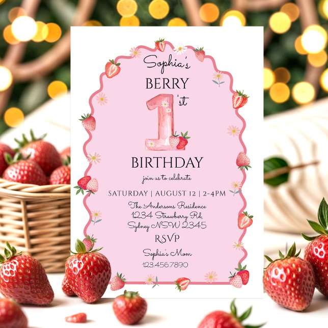 Cute Berry First 1st Birthday Wavy Invitation (Creator Uploaded)