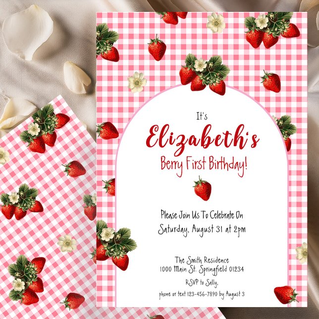 Cute Berry First Birthday Strawberry Red Gingham Invitation (Creator Uploaded)