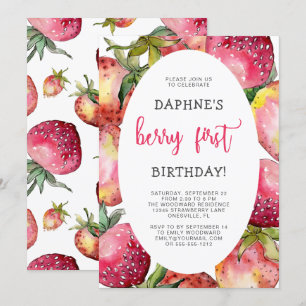 Cute Berry First Strawberry 1st Birthday Party Invitation