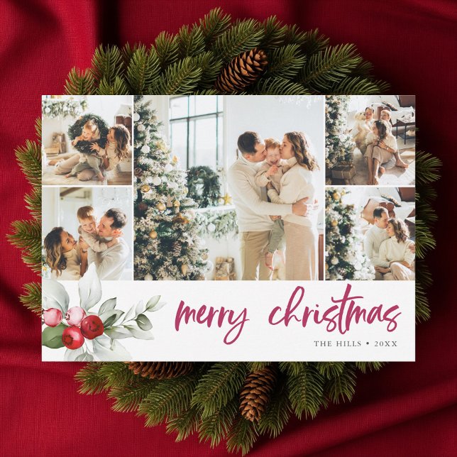 Cute Berry Handwritten Christmas Photo Collage Holiday Card (Creator Uploaded)