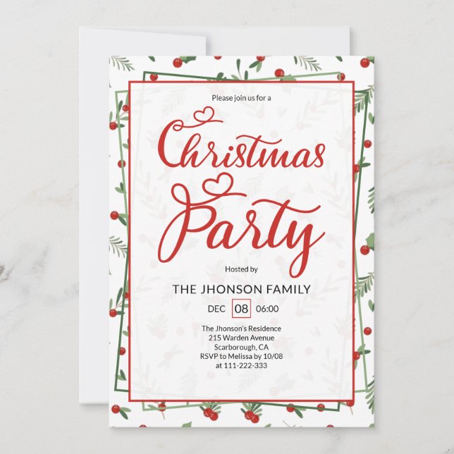 Cute Berry Pattern Calligraphy Christmas Party  Invitation (Front)