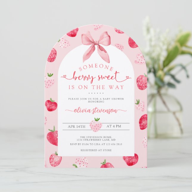 Cute Berry Sweet Baby Shower Strawberries Pink Invitation (Standing Front)
