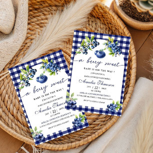 Cute Berry Sweet Blue Gingham Baby Shower Invitation