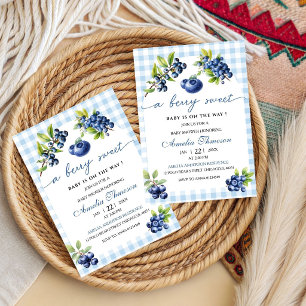 Cute Berry Sweet Blue Gingham Baby Shower Invitation