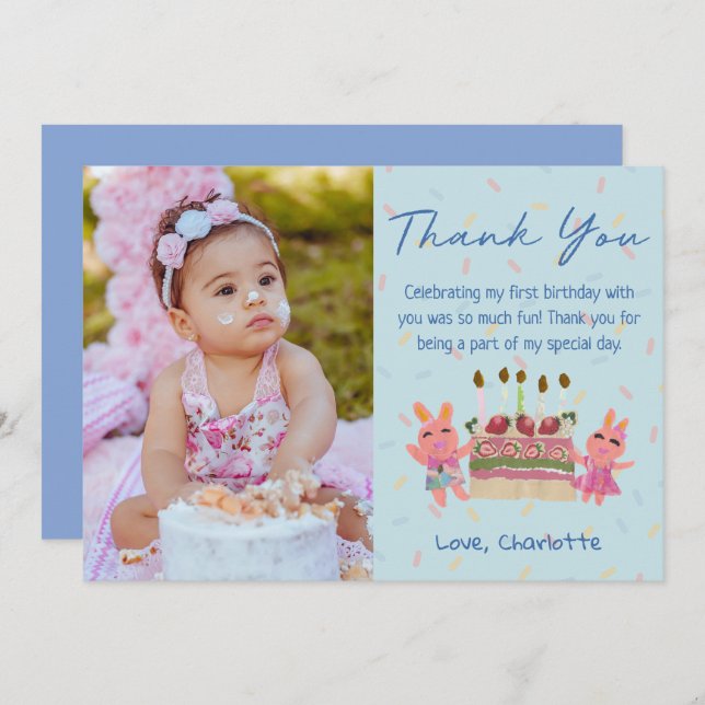 Cute Berry Sweet Bunnies | Blue Birthday Photo Thank You Card (Front/Back)
