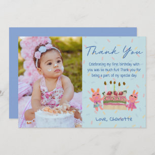 Cute Berry Sweet Bunnies   Blue Birthday Photo Thank You Card