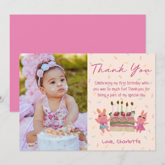 Cute Berry Sweet Bunnies | Pink Birthday Photo Thank You Card (Front/Back)