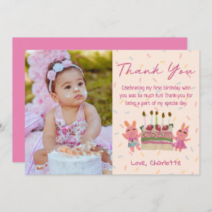 Cute Berry Sweet Bunnies   Pink Birthday Photo Thank You Card