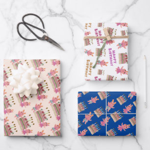 Cute Berry Sweet Bunnies pink white blue Birthday Wrapping Paper Sheet