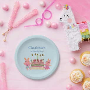 Cute Berry Sweet Bunny Blue Kids Birthday Party Paper Plate