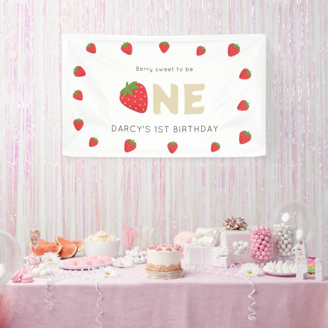 Cute Berry sweet minimal 1st birthday  Banner (Party)