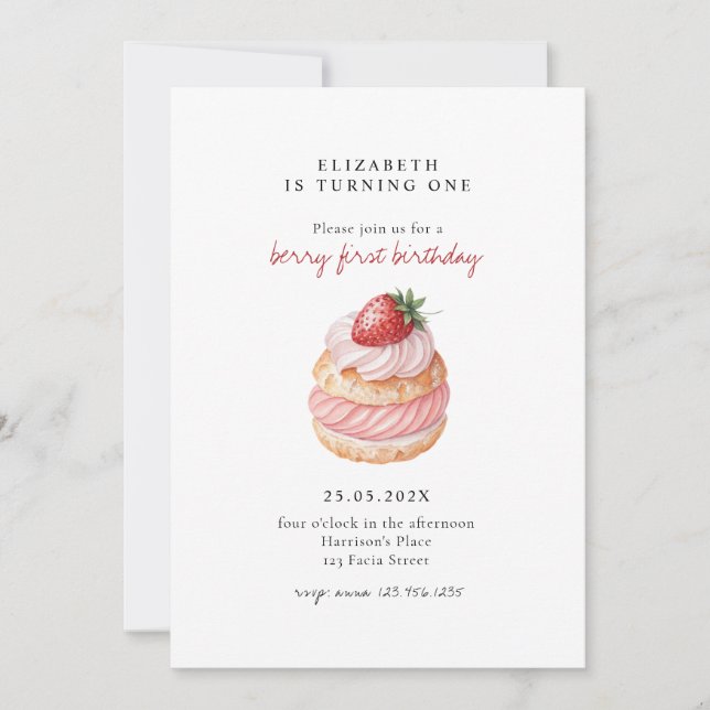 Cute Berry Sweet Pink First Birthday Invitation (Front)