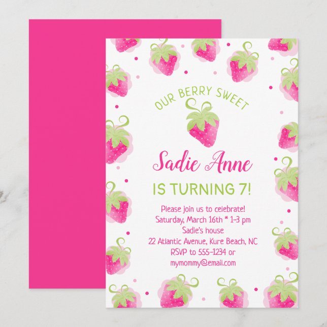 Cute Berry Sweet Pink Strawberries Birthday Invitation (Front/Back)