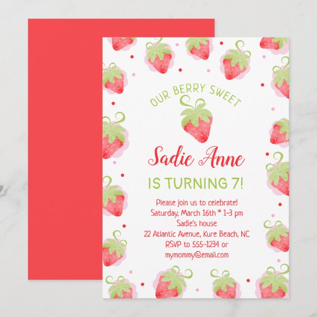 Cute Berry Sweet Red Strawberries Birthday Invitation (Front/Back)