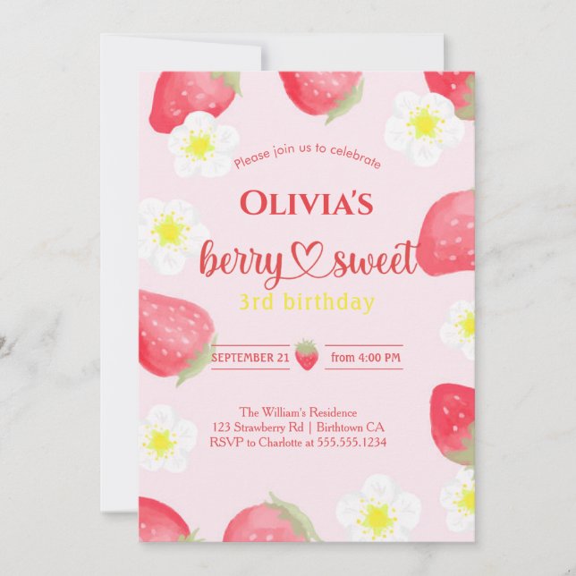 cute Berry Sweet Strawberry  birthday Party Invitation (Front)