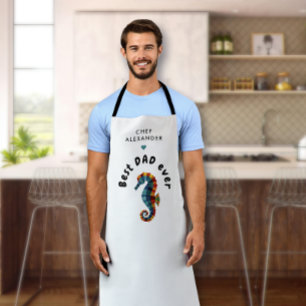 Cute Best Dad Ever Colourful Seahorse Father Name Apron