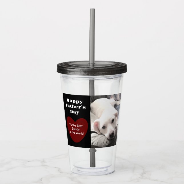 Cute Best Dad Ever Puppy Dog Red Heart One Photo G Acrylic Tumbler (Front)