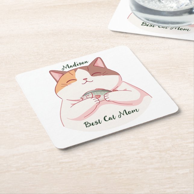 Cute Best fish cat mum custom script  Square Paper Coaster (Angled)