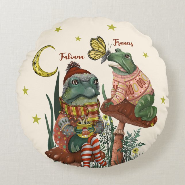 Cute Best Friend Frogs on Mushroom Christmas Round Round Cushion (Front)