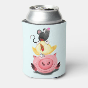 Cute Best Friends Piggy Chick and Mouse - Cartoon  Can Cooler