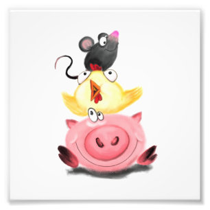 Cute Best Friends Piggy Chick and Mouse - Cartoon  Photo Print