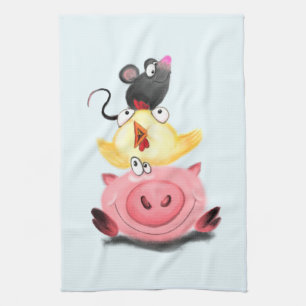 Cute Best Friends Piggy Chick and Mouse - Cartoon Tea Towel