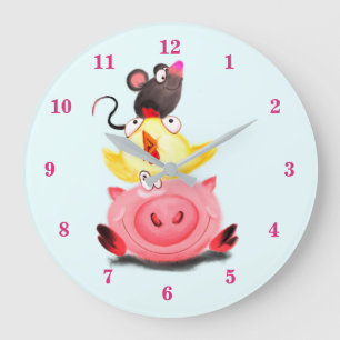 Cute Best Friends Piggy Chick and Mouse - Funny Large Clock