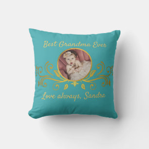 Cute Best Grandma ever photo Black Gold Teal Blue Cushion