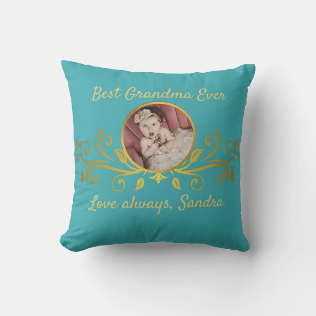 Cute Best Grandma ever photo Black Gold Teal Blue Cushion (Front)