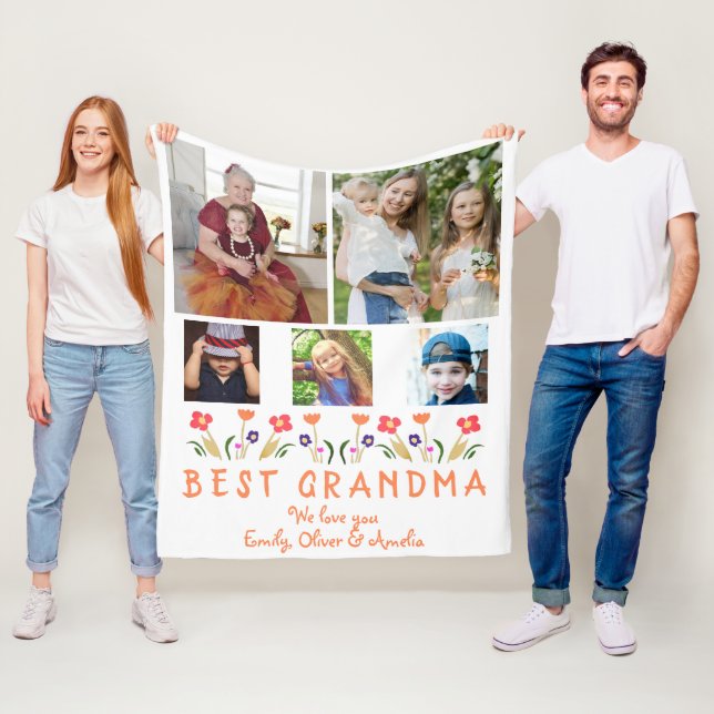 Cute Best Grandma Flowers Photo Collage Fleece Blanket (In Situ)