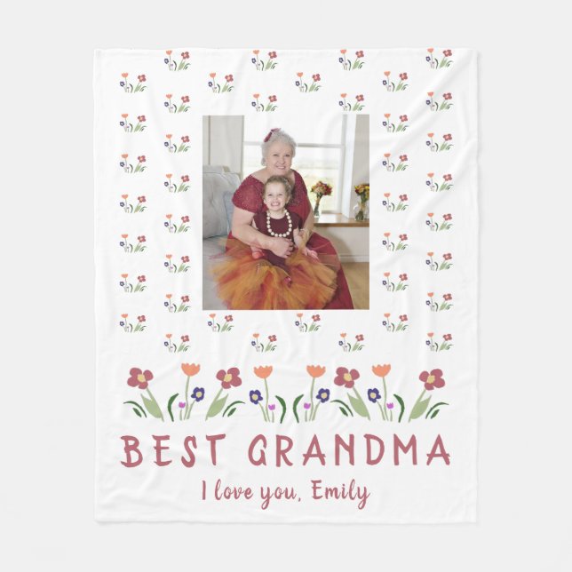 Cute Best Grandmom Flowers Mother`s Day Photo Fleece Blanket (Front)