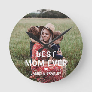 Cute BEST MOM EVER Heart Mother's Day Photo Round Clock