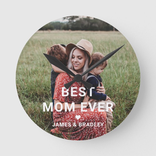 Cute BEST MOM EVER Heart Mother's Day Photo Round Clock (Front)