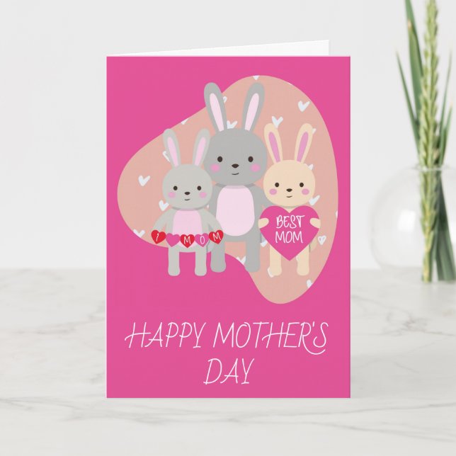 Cute Best Mum Bunny Rabbit Pink Hearts Mothers Day Card (Front)