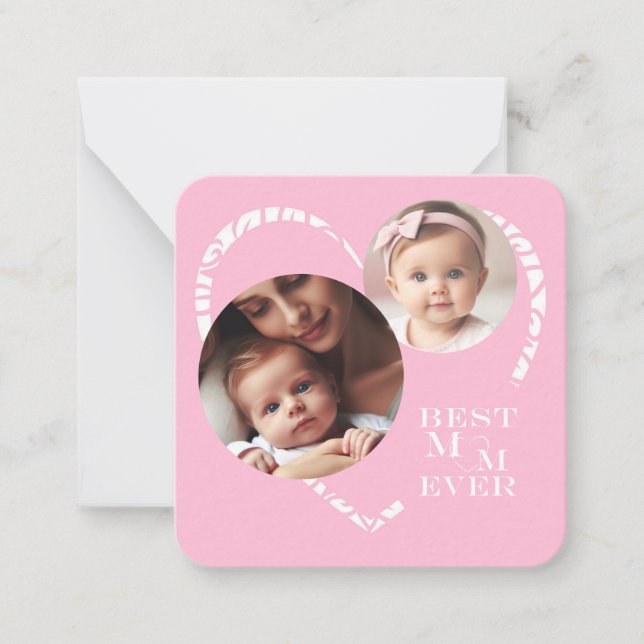 Cute "Best Mum Ever" Heart 3-Photo, Pink & White Card (Front)