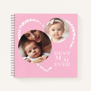 Cute "Best Mum Ever" Heart 3-Photo, Pink & White Notebook