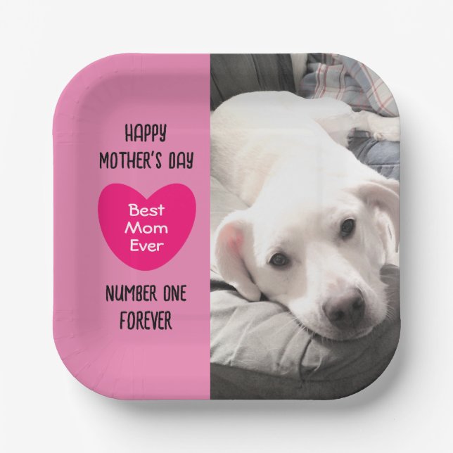 Cute Best Mum Ever Puppy Dog Pink Heart One Photo  Paper Plate (Front)