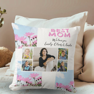 Cute Best Mum Pink Flowers 5 Photo Collage Cushion