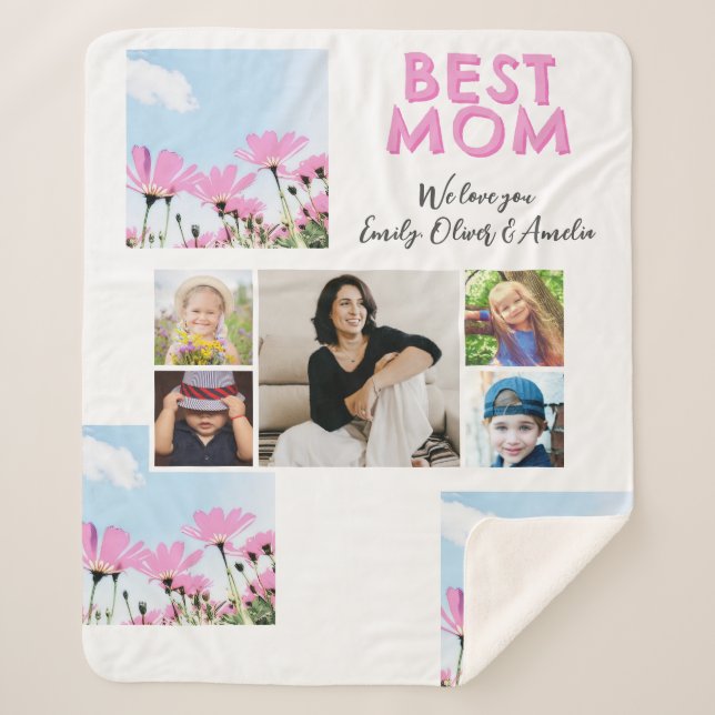 Cute Best Mum Pink Flowers 5 Photo Collage Sherpa Blanket (Front)
