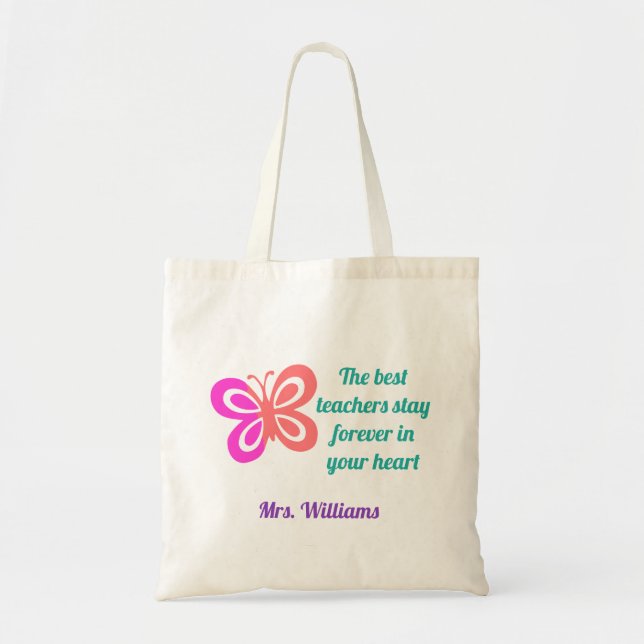 Cute Best Teacher Butterfly Quote Pretty Monogram Tote Bag (Front)