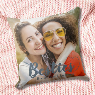 Cute Besties Dusty Blue Heart and Names Cushion