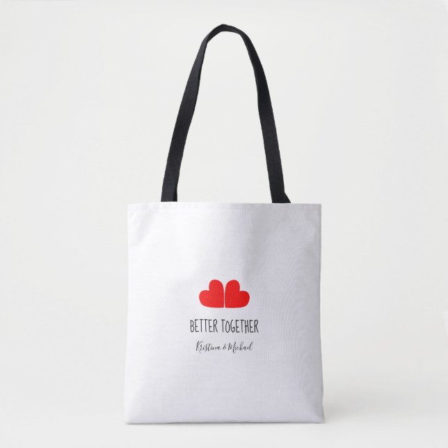 Cute BETTER TOGETHER red hearts with your names Tote Bag (Front)