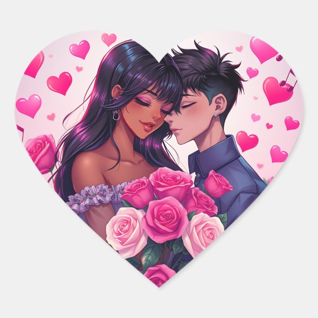 Cute Bi-Racial Anime Valentine's Day Heart Sticker (Front)