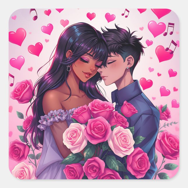 Cute Bi-Racial Anime Valentine's Day Square Sticker (Front)