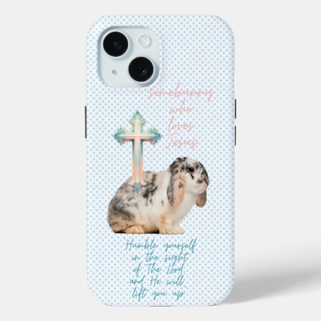 Cute Bible Blue Dot Bunny Pastel Cross Case-Mate iPhone Case (Back)