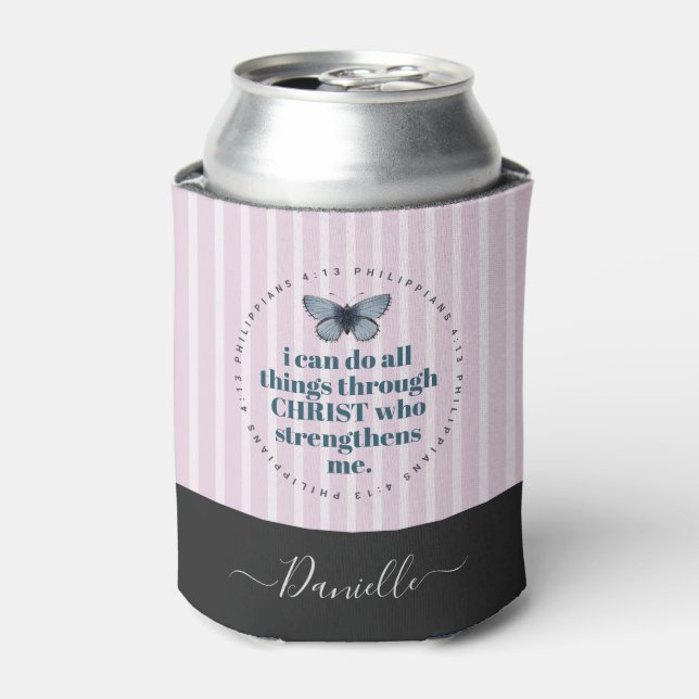 Cute Bible Verse Butterfly Pink Stripes Name Can Cooler (Can Front)